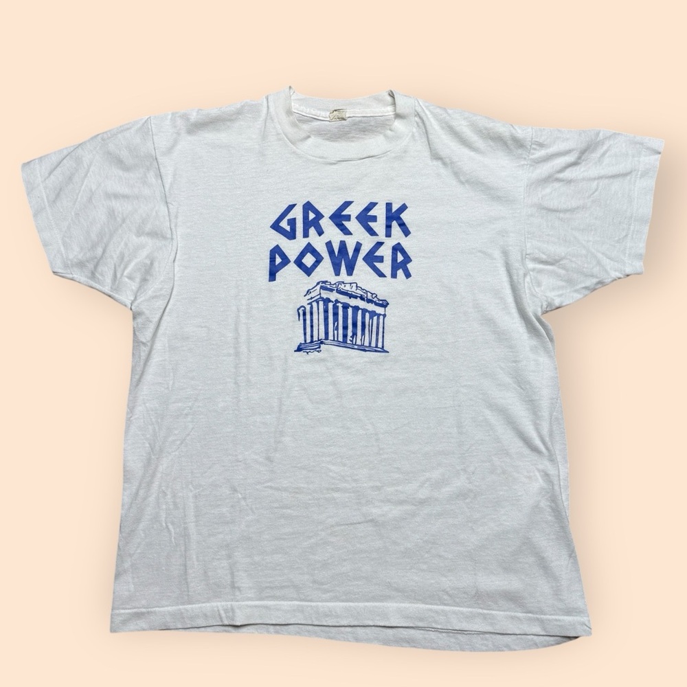 Vintage 1980s T Shirt Greek Power Men’s XL White 80s Greece